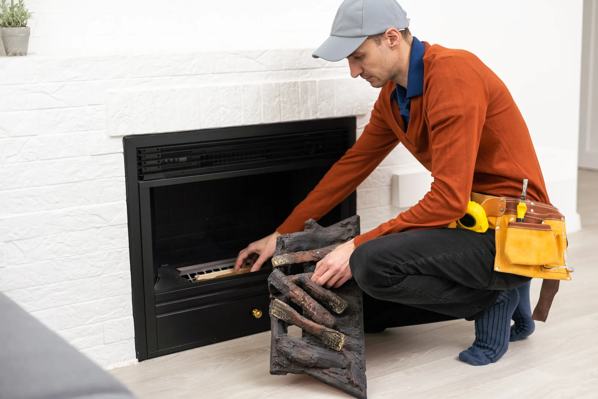 Man in cap and tool belt installing a fireplace insert.